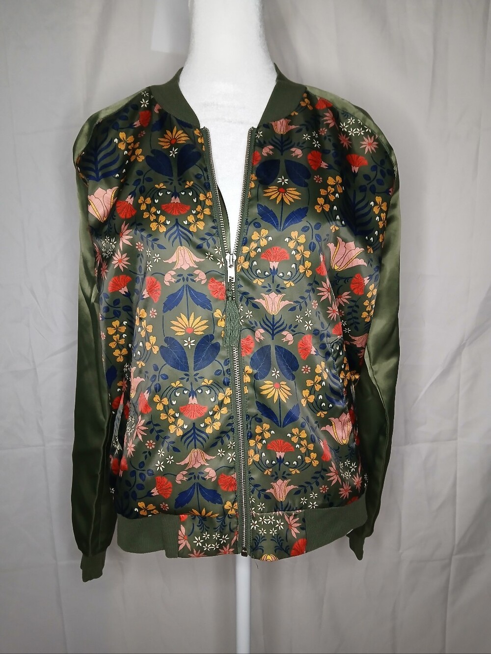Olive Green Floral Satin Bomber Jacket